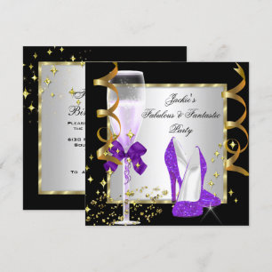 Convite Festa de Aniversário Feminina Preto Roxo Prata