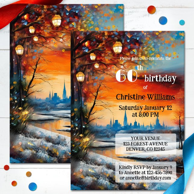 Convite Festa de aniversário festiva de inverno para adult (Adult birthday invitation featuring a whimsical painting of a winter landscape with festive lanterns)