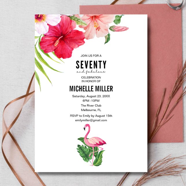 Convite festa de aniversário Flamingo, 70 e fabulosa, cor- (70 and Fabulous Pink Flamingo 70th birthday party invitation)