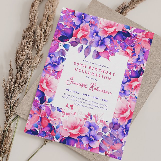 Convite Festa de aniversário Floral 80 (Purple Watercolor Floral 80th Birthday Party Invitation)