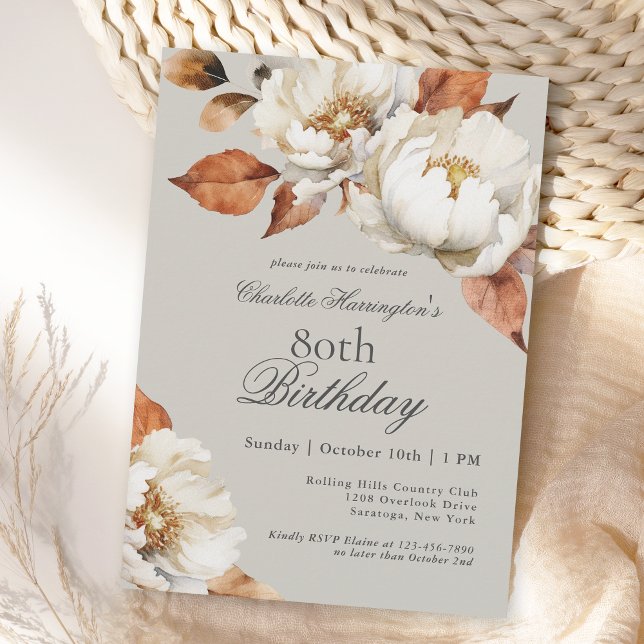 Convite Festa de aniversário Floral 80 de Queda de Luxo (A beautifully feminine fall floral 80th birthday party invitation for your special celebration.
)