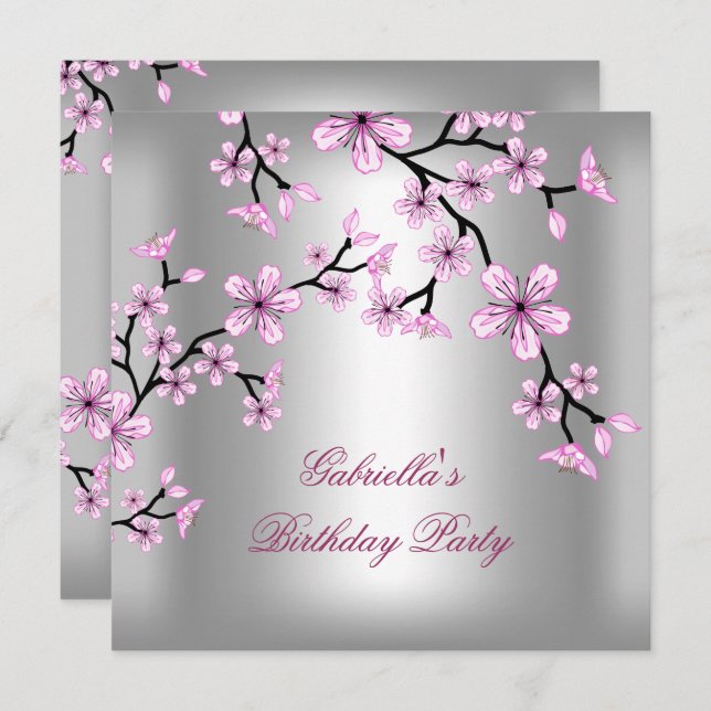 Convite Festa de aniversário Floral Asiática de Prata Rosa (Frente/Verso)