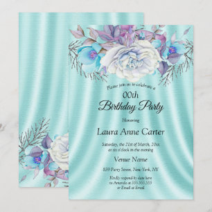 Convite Festa de Aniversário Floral Azul Turquesa Branco R