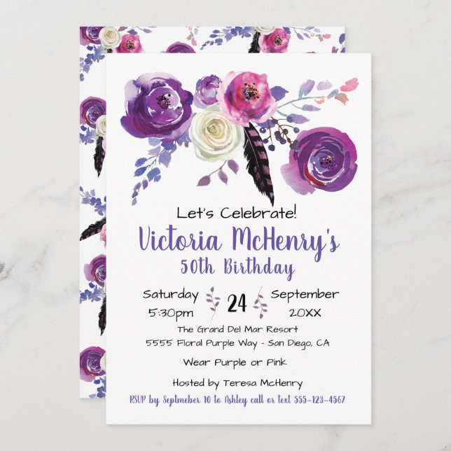 Convite Festa de aniversário Floral Boho (Frente/Verso)