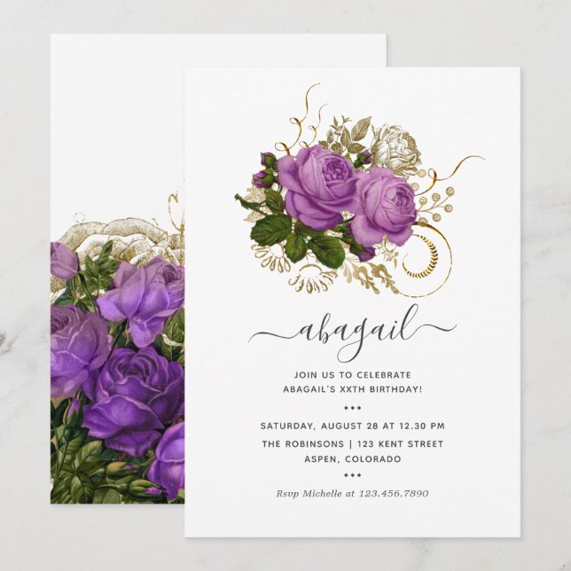 Convite Festa de aniversário Floral Chic Puro e Dourada (Frente/Verso)