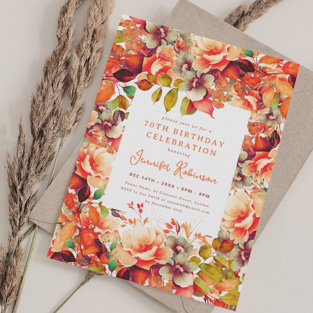 Convite Festa de aniversário Floral de 70 de Aquarela de o (Fall Autumn Watercolor Floral 70th Birthday Party Invitation)
