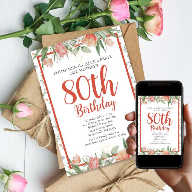 Convite Festa de aniversário Floral de 80 de Aquarela Femi (Feminine Watercolor Floral 80th Birthday Party Invitation
)