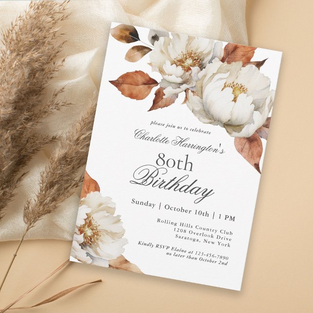 Convite Festa de aniversário Floral de 80 de Queda Elegant (An elegant fall floral birthday party invitation that can be personalized for any age.)
