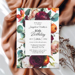 Convite Festa de aniversário Floral de 80 de Queda Elegant<br><div class="desc">Um convite de aniversário floral de outono moderno com cores românticas ricas de vermelho-burgundy, laranja-russet, cor-de-rosa-pincel e verde-lacrimejante numa bela fronteira floral ao redor do seu texto. A parte de trás do convite tem um fazer de buquê floral equivalente a um convite encantador. Estas cores são frequentemente utilizadas desde o...</div>