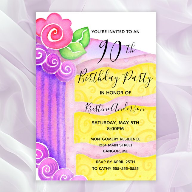 Convite Festa de aniversário Floral de 90 de Bolo Rosa (90th Birthday Party Invitation with a piece of cake decorated with pink roses and frosting)