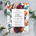 Convite Festa de aniversário Floral de 90 de Queda Elegant<br><div class="desc">Um convite de aniversário floral de outono moderno que expele calor e elegância com cores românticas ricas de vermelho burgundy, laranja russet, cor-de-rosa pincelada e verde-lacrimejante em uma bela fronteira floral ao redor do seu texto. A parte de trás do convite tem um fazer de buquê floral equivalente a um...</div>