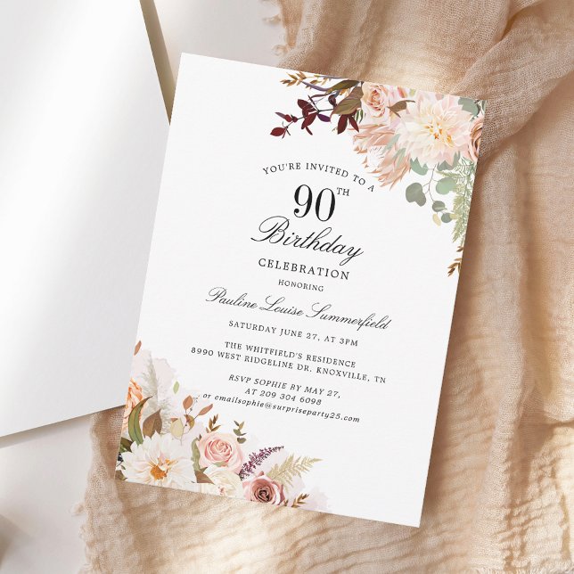 Convite Festa de aniversário Floral de 90 por Aquarela (Watercolor Floral 90th Birthday Party Invitation)
