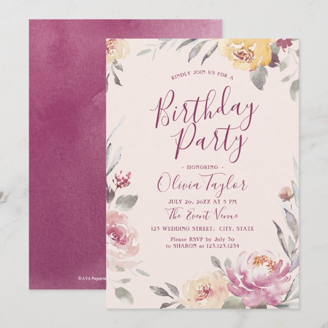 Convite Festa de aniversário floral de aquarelas romântica (Frente/Verso)