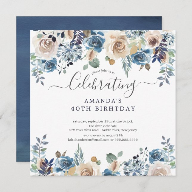 Convite Festa de aniversário Floral De Azul E Creme De Aqu (Frente/Verso)