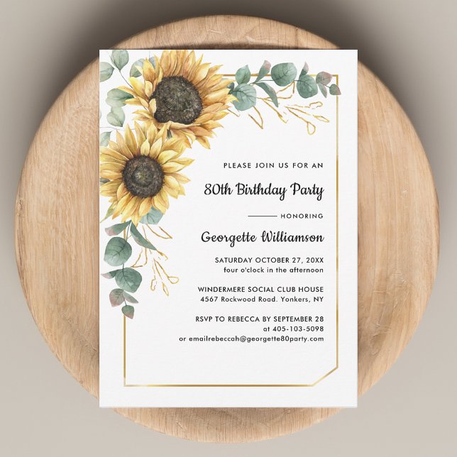 Convite Festa de aniversário Floral de Girassol (Sunflower Eucalyptus Floral 80th Birthday Party Invitation)