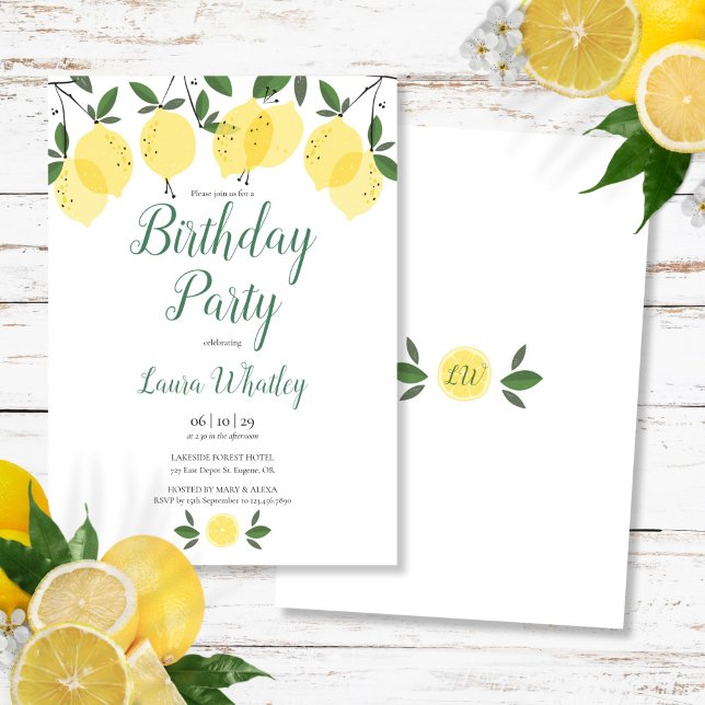 Convite Festa de Aniversário Floral de Limões Elegantes Mo (Modern Elegant Lemons Floral Birthday Party Invitation)