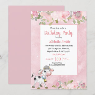 Convite  Festa de aniversário Floral de Vaca Cor-de-Rosa 