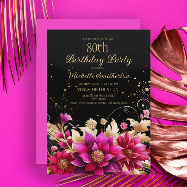 Convite Festa de aniversário Floral Dourada a Preto (Black, fuchsia, and gold floral 80th birthday party invitation)