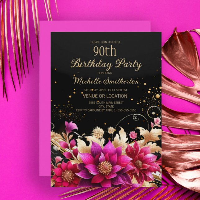 Convite Festa de aniversário Floral Dourada a Preto (Black, fuchsia, gold floral 90th birthday party invitation)
