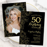 Convite Festa de aniversário Floral Dourada Preta 50<br><div class="desc">Convite de aniversário preto de ouro floral 50º com sua foto na parte traseira da placa. Design minimalista moderno com desenhos botânicos em destaque, folha de ouro falsa e letra de script de tipografia. Simples trendy convida cartão perfeito para uma festa de na moda. Pode ser personalizado para qualquer idade....</div>