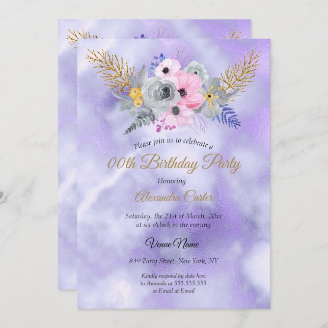 Convite Festa de aniversário Floral Dourada rosa púrpura (Frente/Verso)