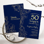 Convite Festa de aniversário Floral Dourada Surpresa 50ª M<br><div class="desc">Marinho floral azul e convite de aniversário 50º surpresa dourada. Design minimalista moderno com sotaques botânicos e letra de escrita tipográfica. Simples cartão de convite floral perfeito para uma festa surpresa na moda. Pode ser personalizado para qualquer idade.</div>