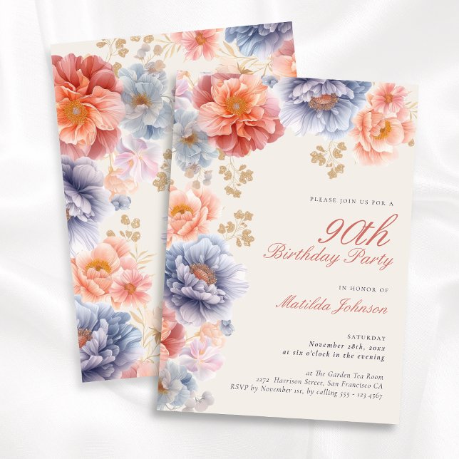 Convite Festa de aniversário Floral Elegante (Elegant Floral 90th Birthday Party Invitation)