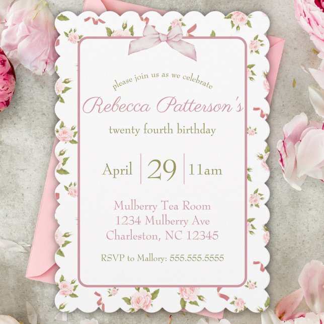 Convite Festa de aniversário Floral Feminine Coquette Vint (coquette feminine sweet pink floral vintage pattern birthday party invitation soft pink green bow )