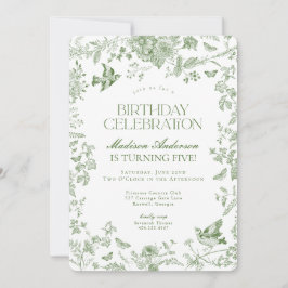 Convite Festa de aniversário Floral Green Toile De Jouy Vi