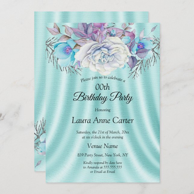 Convite Festa de aniversário Floral Púrpura Azul Teal (Frente/Verso)