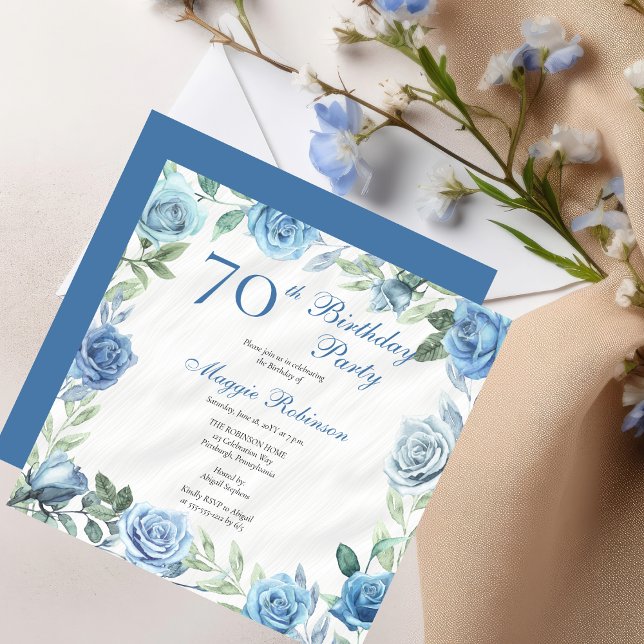 Convite Festa de aniversário Floral Rosa azul Elegante 70 (Elegant Blue Roses Floral Frame 70th Birthday Party Invitation - Available in Print and/or Digital)
