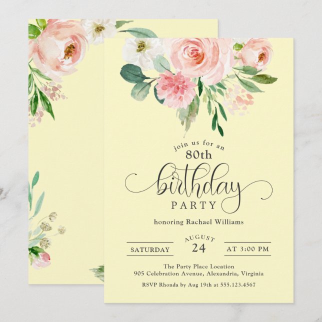 Convite Festa de aniversário Floral rosa e amarela (Frente/Verso)