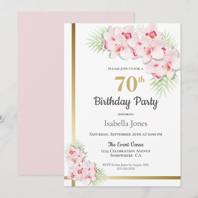 Convite Festa de aniversário Floral, rosa e Dourada (Frente/Verso)