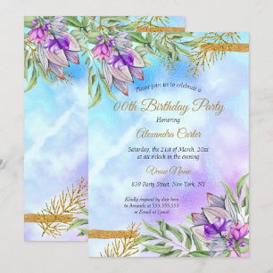 Convite Festa de Aniversário Floral Roxo Turquesa Dourado
