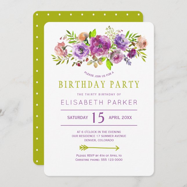 Convite Festa de aniversário floral russa violeta (Frente/Verso)
