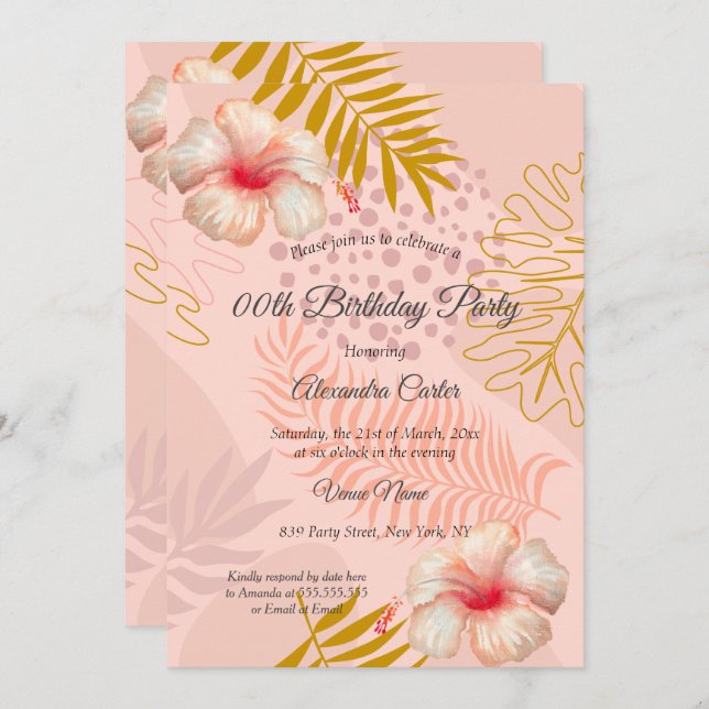 Convite Festa de aniversário Floral Tropal de Hibiscus Ros (Frente/Verso)