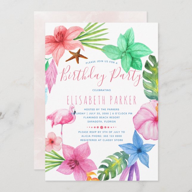 Convite Festa de aniversário floral tropical havaiana (Frente/Verso)