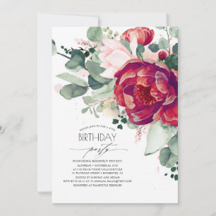 Convite Festa de aniversário Floral Vermelha Blush Pink e 