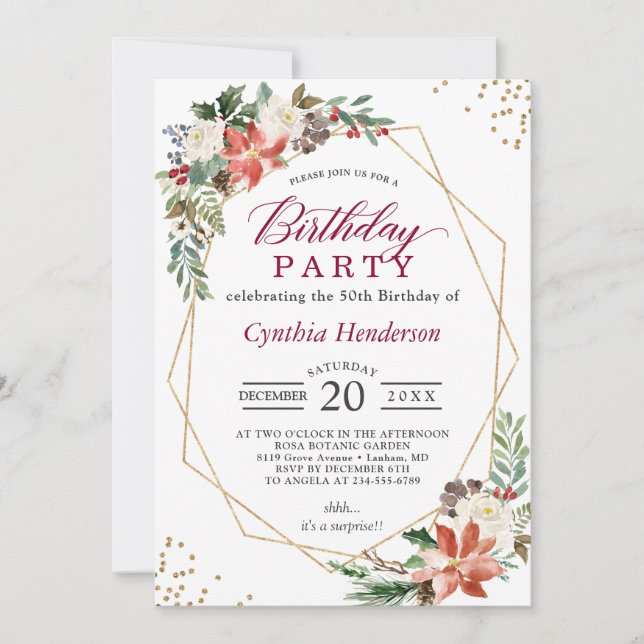 Convite Festa de aniversário Floral Vermelha Ivory Poinset (Frente)