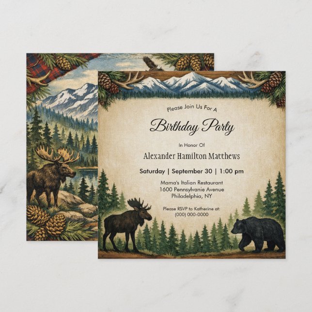 Convite Festa de Aniversário Floresta Rústica (Frente/Verso)