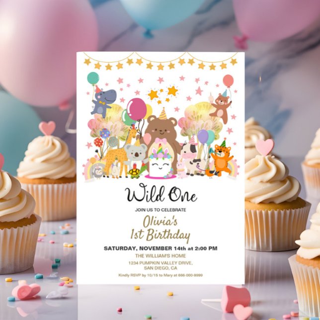 Convite Festa de Aniversário Floresta Selvagem (Woodland Wild One 1st birthday girl party invitation)