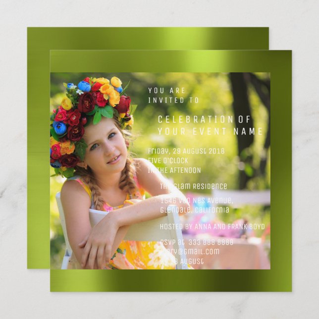 Convite Festa de aniversário Foto Cali Metal Verde (Frente/Verso)