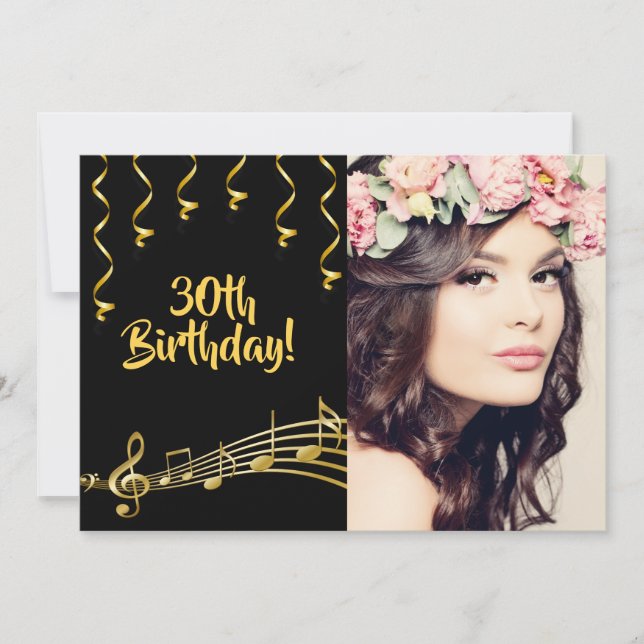 Convite Festa de aniversário foto dourado preto (Frente)