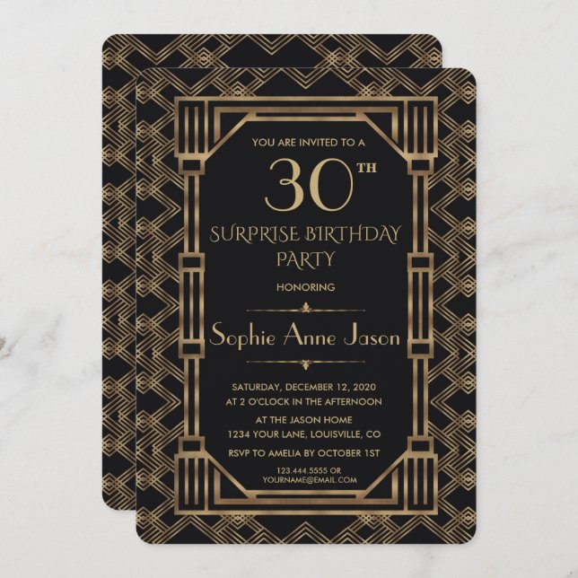 Convite Festa de aniversário Gatsby do Excelente Preto Dou (Frente/Verso)