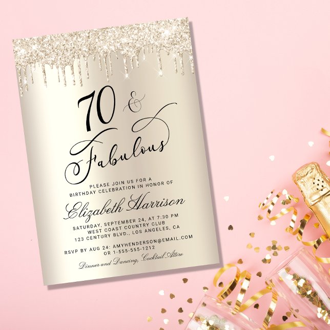 Convite festa de aniversário Glitter Dourada 70 Fabulosa (Celebrate her 70 years of sparkle with an elegant gold glitter birthday party invitation  🎉 🎂 🥂)