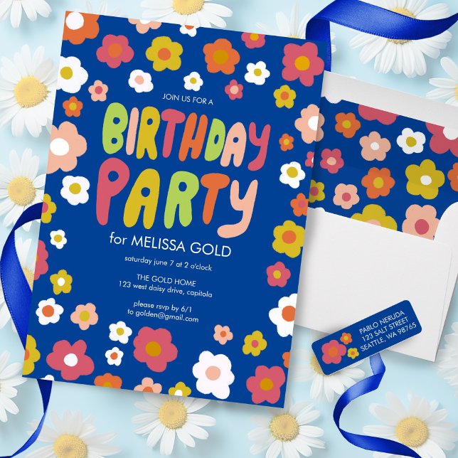 Convite FESTA DE ANIVERSÁRIO Groovy Daisies Floral PERSONA (Groovy daisy custom birthday party invitation, check my shop for matching thank you, envelopes, more)