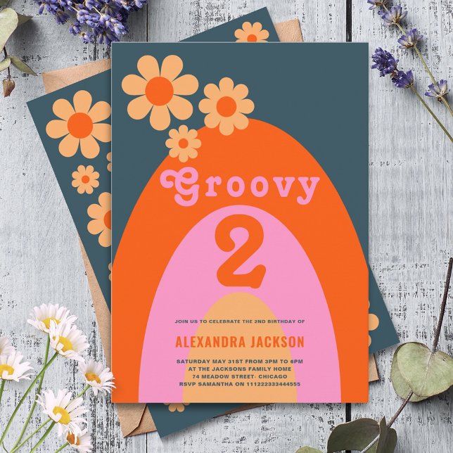 Convite Festa de Aniversário Groovy Two Retro 2º (Groovy two daisy arch 2nd birthday party invitation )