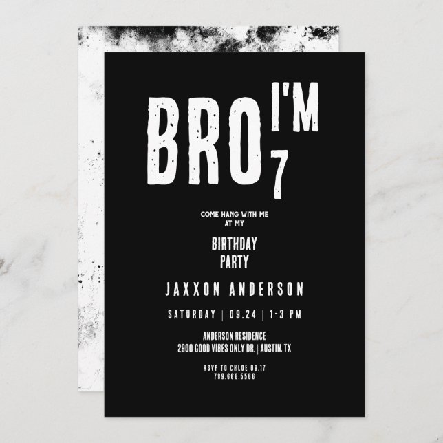 Convite Festa de aniversário Grunge Black & White Boy (Frente/Verso)