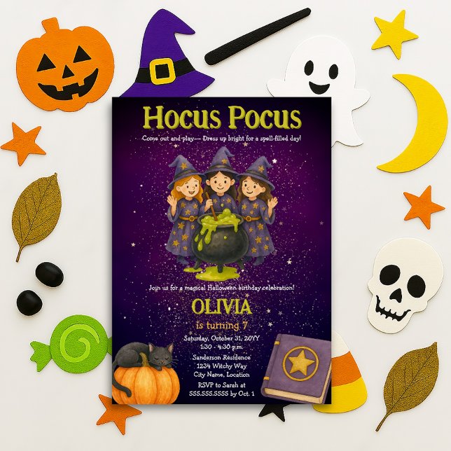 Convite Festa de Aniversário Hocus Pocus Halloween (Hocus Pocus kids birthday / Halloween party invitation front)