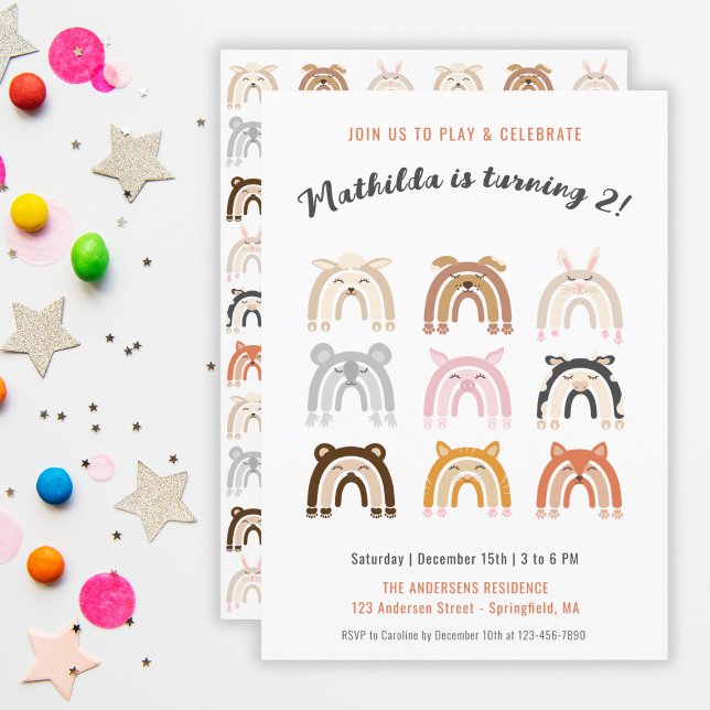 Convite Festa de Aniversário Infantil Animais Fofos Arco-í (Rainbow Cute Animals Kids Birthday Party Invitation)